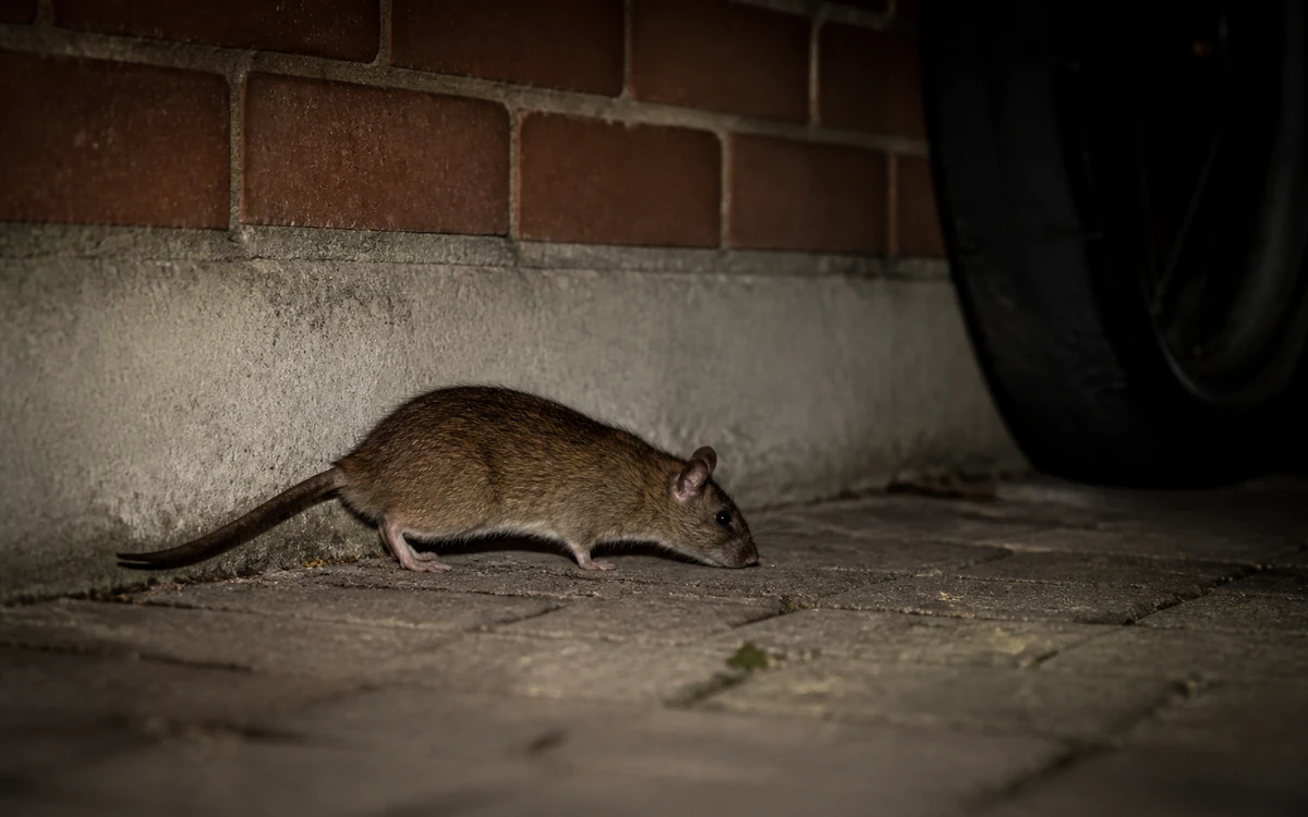 Ratazana circulando durante a noite próxima a uma parede