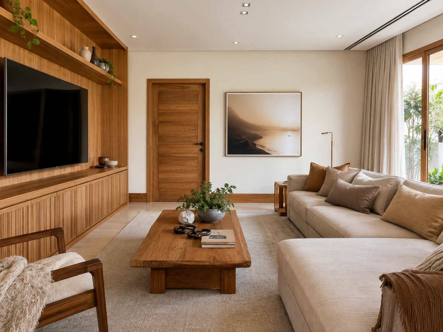 Ambiente residencial com móveis e estruturas de madeira