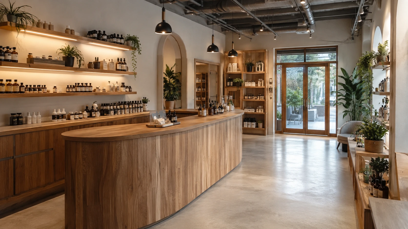 Estabelecimento comercial com mobiliário de madeira