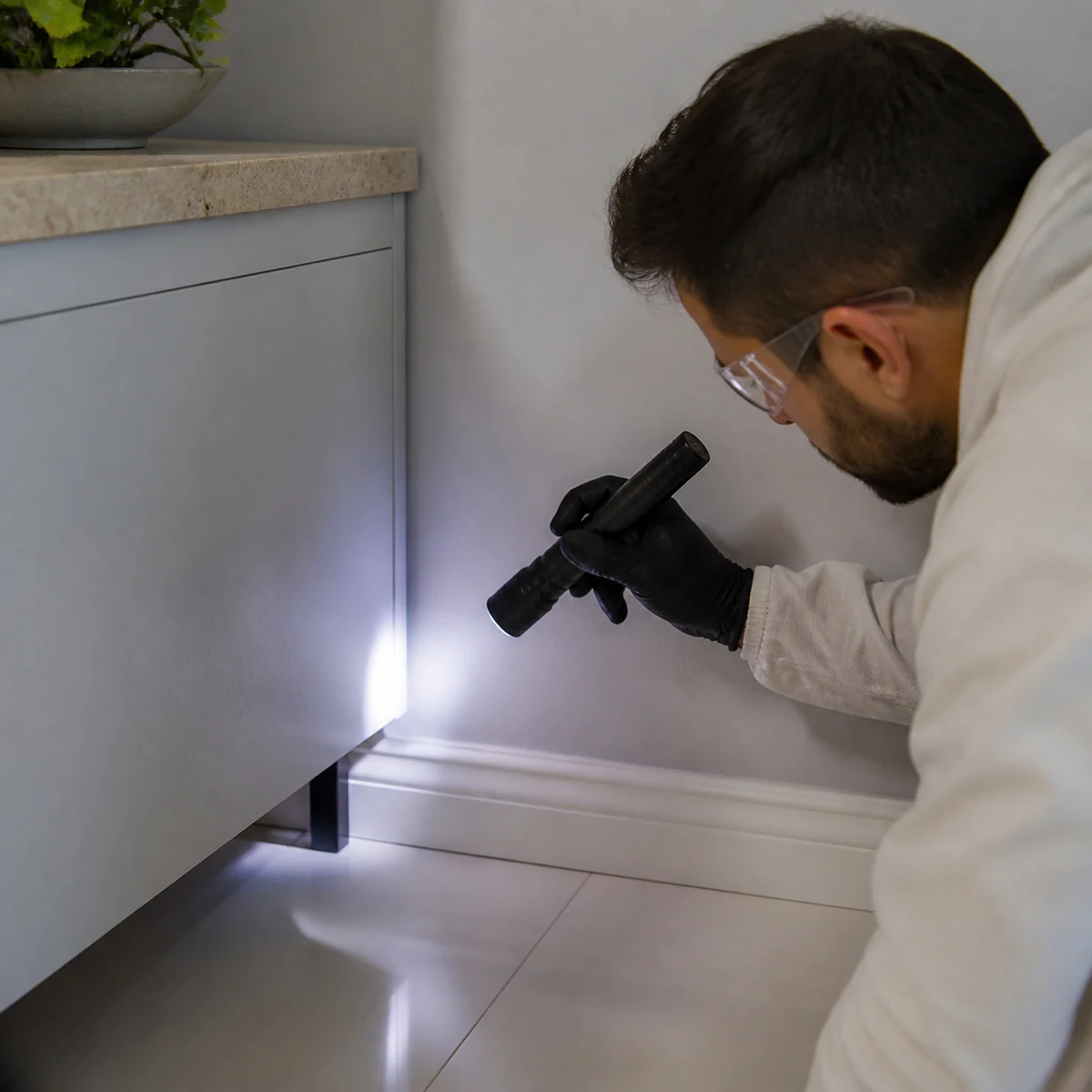 Técnico inspecionando frestas e áreas protegidas para controle de aranhas