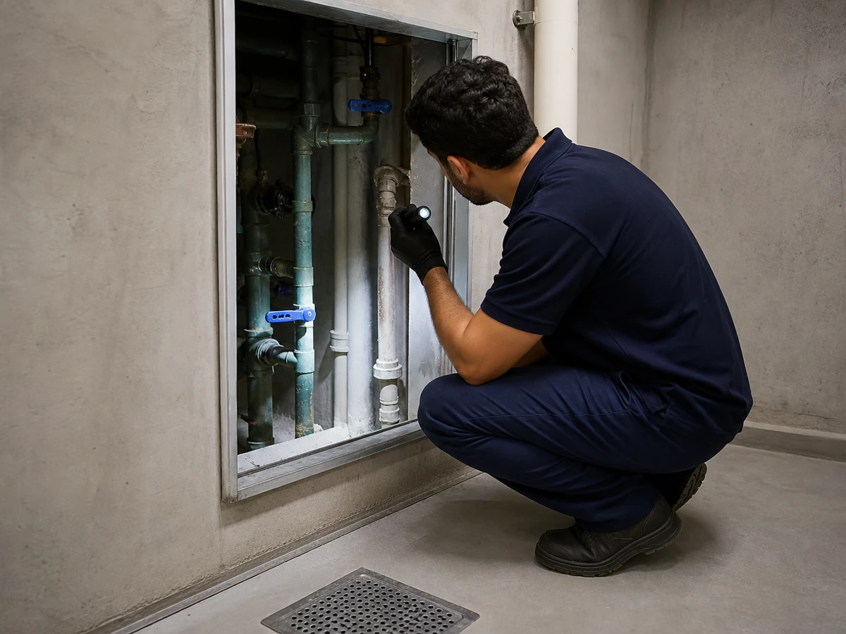Área técnica de condomínio avaliada durante controle profissional de pragas
