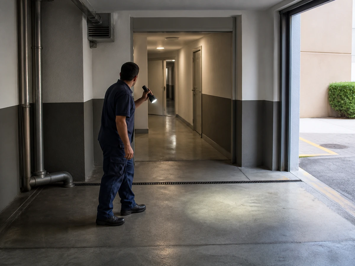Corredor e áreas de circulação avaliados durante controle profissional de pragas