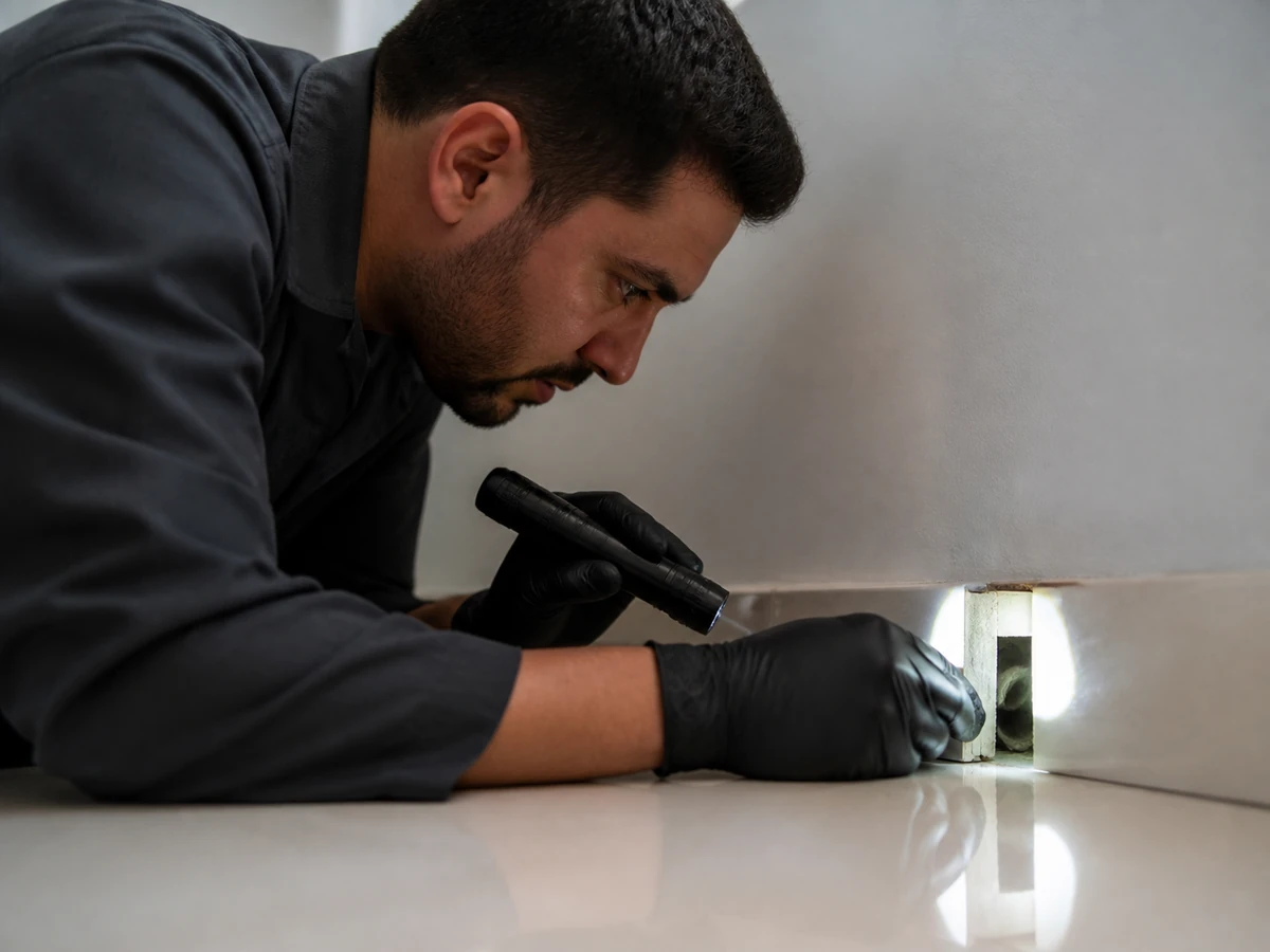 Técnico inspecionando possíveis acessos e abrigos de pragas