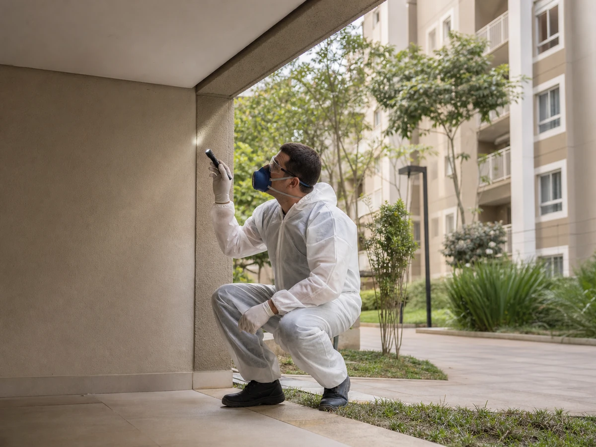 Condomínio residencial durante atendimento profissional de controle de pragas