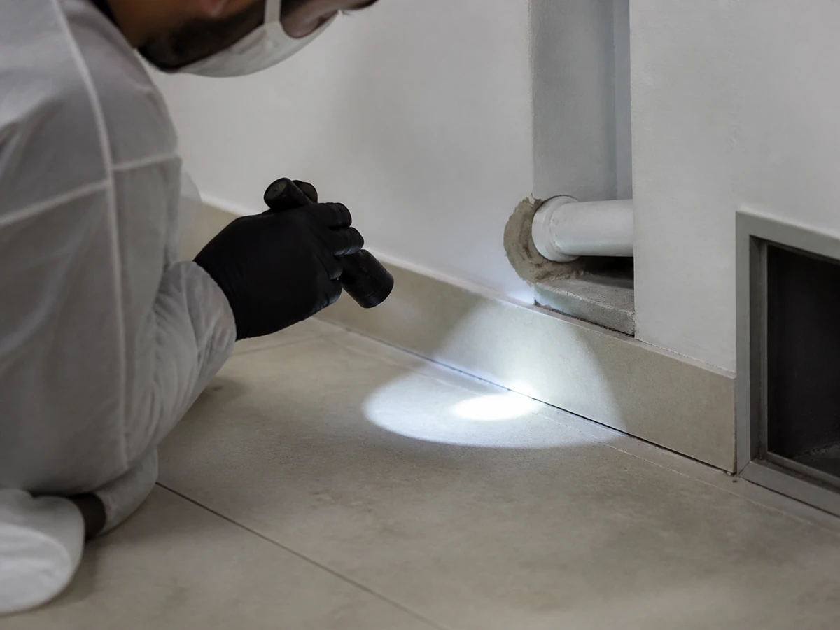 Técnico realizando inspeção para identificar sinais de pragas
